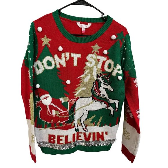 No Boundaries Women's Large 'Ugly' Christmas Sweater Don't Stop Believin' Santa - Picture 3 of 6